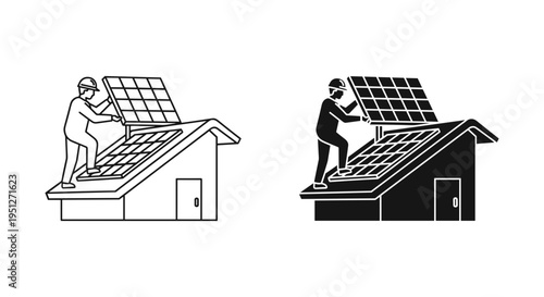 Solar Panel Installation on House Roof Vector Icon Set: Renewable Energy Technician Installing Photovoltaic System for Sustainable Power Generation