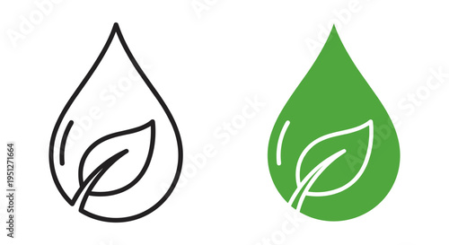 Eco-Friendly Water Drop with Leaf Icon Vector Set for Sustainable Environment and Nature Conservation Designs