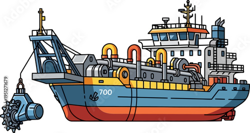Industrial dredger ship floating on the water surface