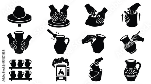 Pottery making process icons with ceramic jars and handmade vessels