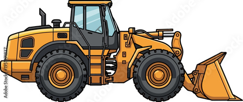 Large wheel loader machine with front loading bucket