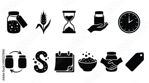 Glass jar fermentation icons with grains wheat and time management
