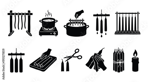 Candle making process black silhouettes handmade craft wax production icons