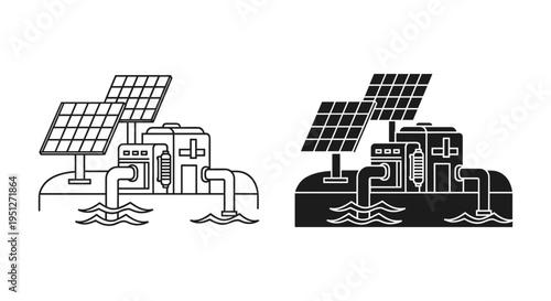 Black and white vector illustration of a solar-powered water purification or desalination plant with solar panels, pipes, and water, ideal for environmental and technology designs.