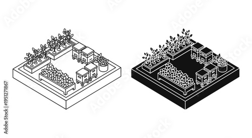 Isometric Urban Garden Vector Illustration Set with Planters, Crops, and Trees in Outline and Solid Black Styles for Sustainable Living Designs