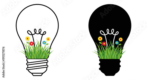 Eco-friendly light bulb concept vector illustration set with green grass and colorful flowers, symbolizing sustainable energy and nature conservation