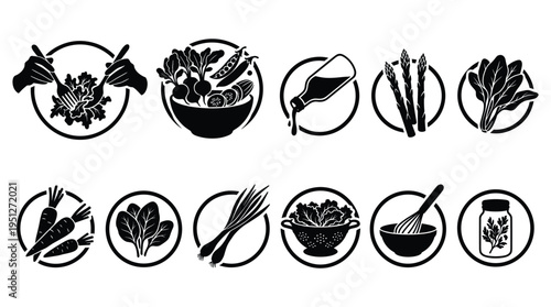Fresh vegetables and healthy food icons with circular borders