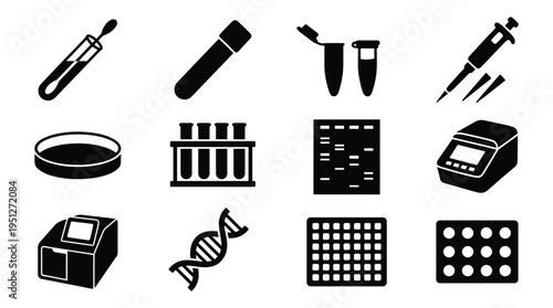 Laboratory equipment and genetic research icons set in black silhouette