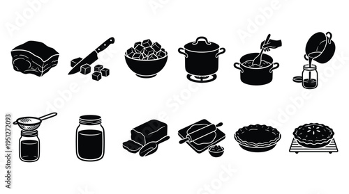 Baking and cooking preparation black silhouette icons