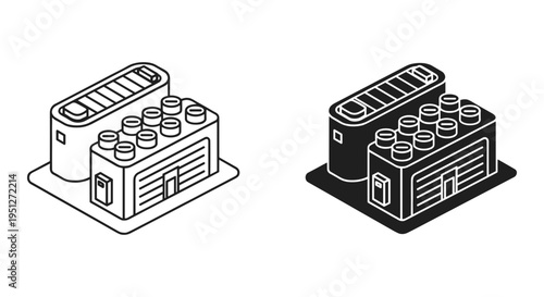 Isometric Data Center Icon Vector Set: Modern Server Room with Solar Panels for Cloud Computing and Big Data Storage, Black and White Outline and Solid Fill Styles