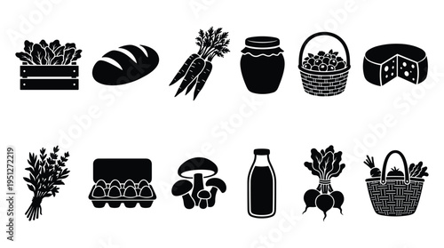 Fresh farmers market grocery vector icons black set organic food collection