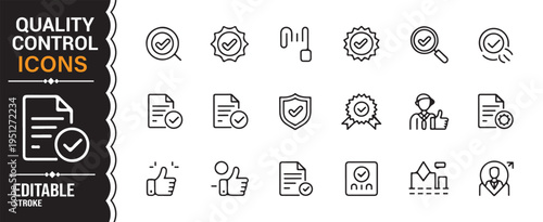 Quality control line icons set with inspection checklist certification and approval symbols editable vector collection