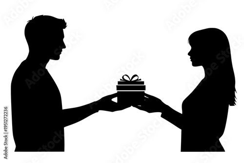 Couple Exchanging Gift Book Intellectual Connection Shared Interests Dating Phase Black Vector Silhouette