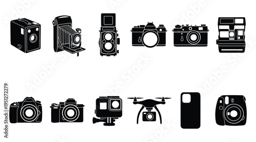 Collection of vintage and modern cameras icons silhouette