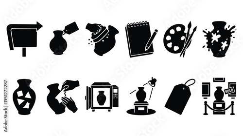 Pottery art and craft creation process icons silhouette