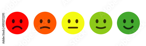 Colorful feedback emoji faces, emoticons ranging from happy to sad, for surveys, rating systems, user feedback, and UI elements as a rating scale or for collecting feedback on satisfaction and mood