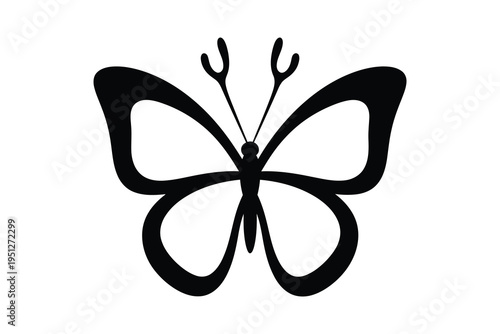 A simple black silhouette of a butterfly with spread wings on a white background, symbolizing freedom and beauty in nature, ideal for design and decoration.