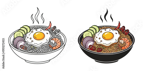 fried egg and shrimp bowls vector illustration, flat design