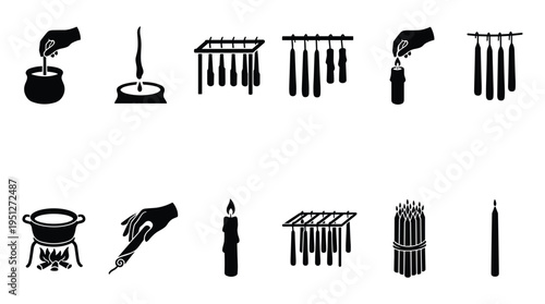 Candle making and burning icons set on transparent background