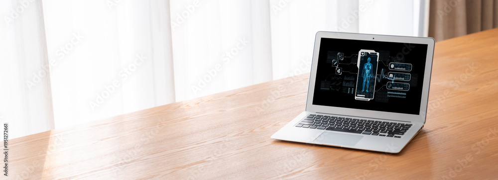 Fototapeta premium Medical science technology and futuristic healthcare virtual computer software analyze human health and diagnose disease for doctor data and medical research. brisk