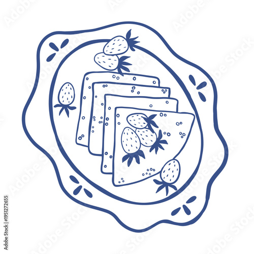 Hand drawn pancakes with strawberres on ornamental plate in blue outline style. Minimalist food vector illustration ideal for cafe menu design, deli branding, packaging and modern kitchen graphics