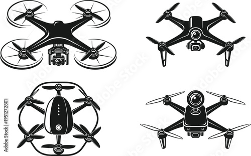 Black and white illustration of four different quadcopter drones with mounted cameras, diverse UAV technology designs for aerial photography, videography, surveillance, remote sensing artwork