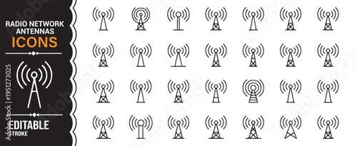 Modern signal tower icon collection featuring broadcast and telecom symbols in outline style