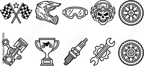 Motorsports and auto racing silhouette icons set featuring racing cars, motorcycles, go-kart, pit crew, and equipment isolated
