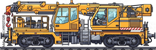 Railway maintenance crane working on train track repairs