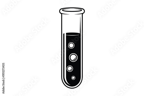 A detailed illustration of a laboratory test tube with three bubbles rising in a dark liquid, isolated on a white background, representing science and chemistry concepts.