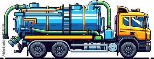 Sewer cleaning vacuum truck with large blue storage tank