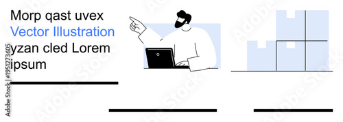 Business operations, logistics, online communication, remote work, warehouse management, e-commerce processes. Person with laptop pointing, stacked boxes. Business operations and logistics visual