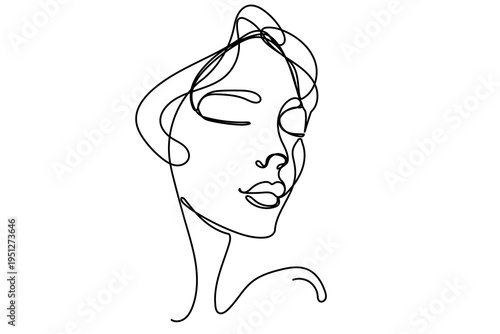 Line Art Woman Profile Portrait.  One Continuous Outline Romantic Female Face Character Avatar. Minimalist Hand Drawn Stylized Curve Wavy Girl Sketch. Elegant Vintage Bride Person Editable Thin Stroke