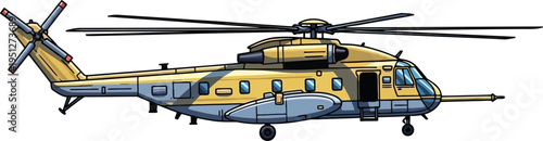 Tan military transport helicopter flying for tactical operations