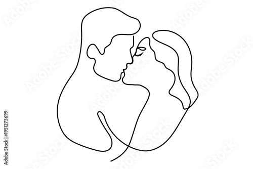 Line Art Kissing Couple Portrait. Romantic Illustration for Wedding Invitation or Valentine Day Greeting Card Design. Love Theme