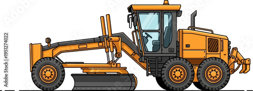 Yellow motor grader prepared for road leveling