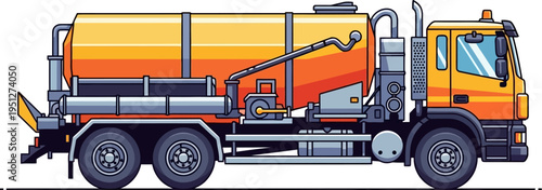 Yellow vacuum tanker truck used for industrial waste