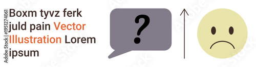 Decision-making, communication, emotional health, problem-solving, mental state, doubt. Speech bubble with question mark next to sad face emotion and upward arrow. Decision-making and communication