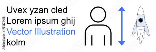 Career growth, ambition, innovation, progress, achievement, and personal development. A figure next to a rocket with an arrow pointing upwards. Career growth and ambition concepts