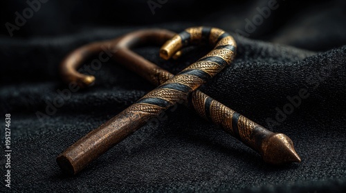 flail. Ancient Egyptian crook and flail crossed on black velvet, ceremonial artifacts. event programs, museum guides, designed for cultural heritage projects and event programs.