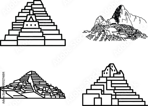 Illustrations of machu picchu ruins, ancient inca citadel, sketch style, various perspectives