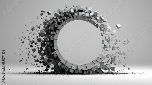 disintegration. A complete circle breaking into irregular fragments, geometric decomposition process. STEM education sheets.