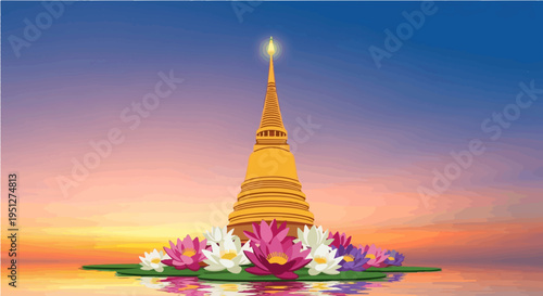 Peaceful vibrant vector cartoon illustration of golden pagoda temple on lake at colorful sunset with blooming lotus flowers
