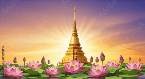 Serene colorful vector cartoon illustration of golden Thai temple at sunset surrounded by blooming lotus flowers on water
