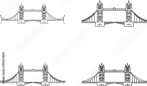 Set of tower bridge illustrations, london landmark, sketch style, different angles