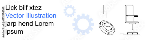 Business strategy, finance, productivity, organization, workplace efficiency, economy. Chair, coin and gears with clean layout. Finance and productivity concept