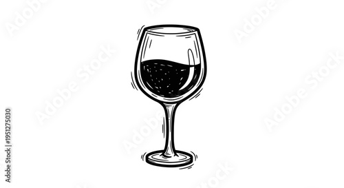 Black and White Line Art of a Wine Glass Filled with Red Wine