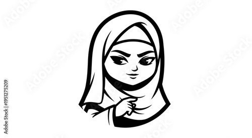 Muslim Woman Hijab Black White Line Art Icon Vector