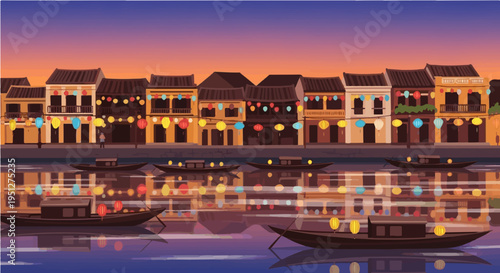 Romantic vector cartoon illustration of vietnam river town at dusk with glowing lanterns reflecting on water