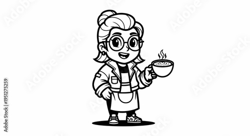 Cute Black and White Line Art of a Woman Holding a Coffee Cup